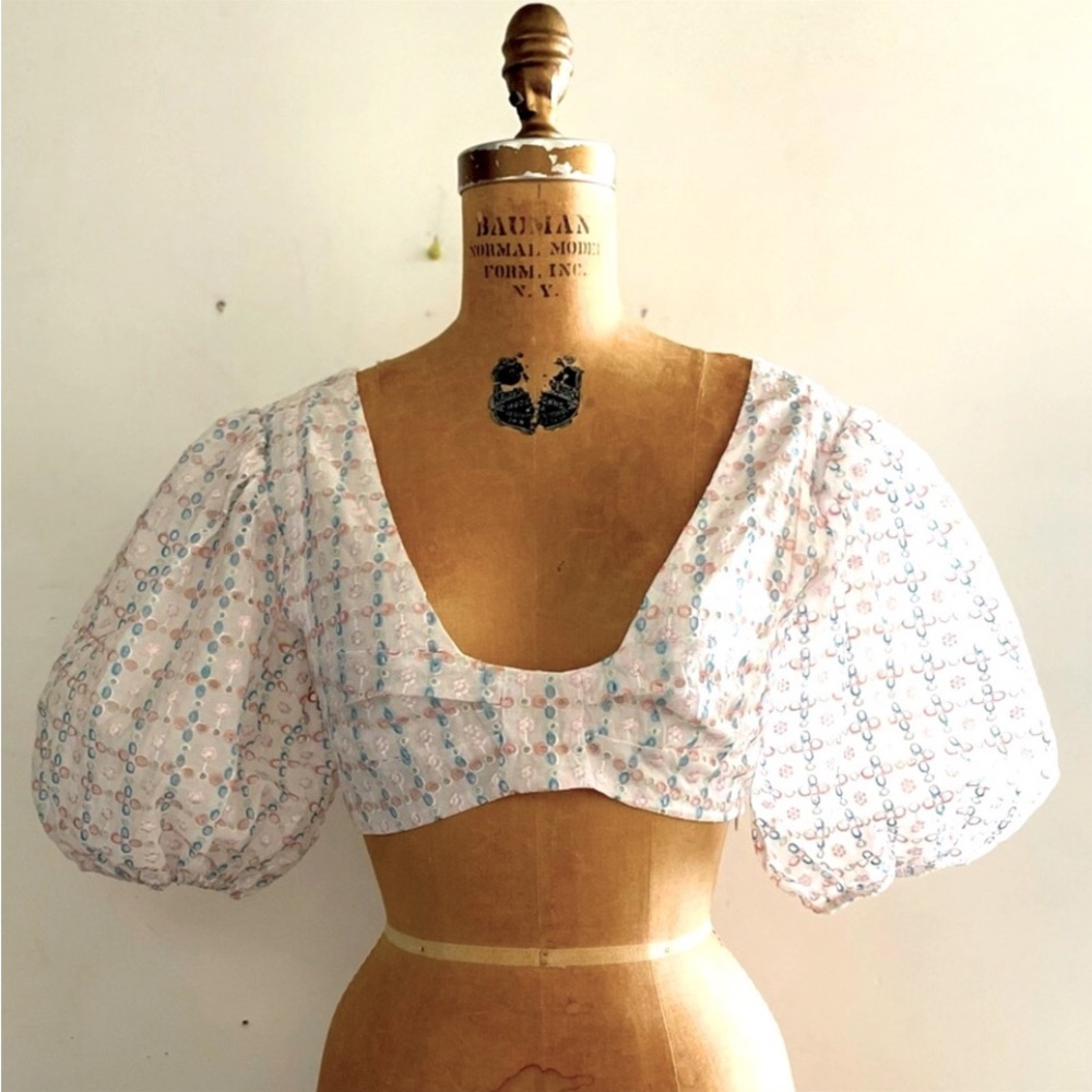 for Love & Lemons] Organza Multi Color Embroidered Puff sleeve Smoking Crop Top